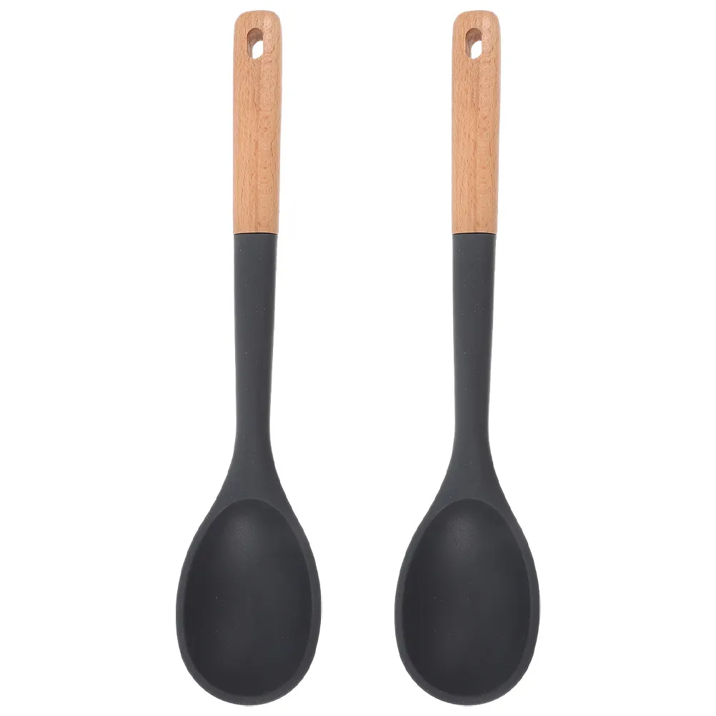 Cuchara grande de silicona con mango de madera natural, utensilio de cocina antiadherente resistente al calor para revolver, voltear y cucharar sopa en wok, 2 uds.
