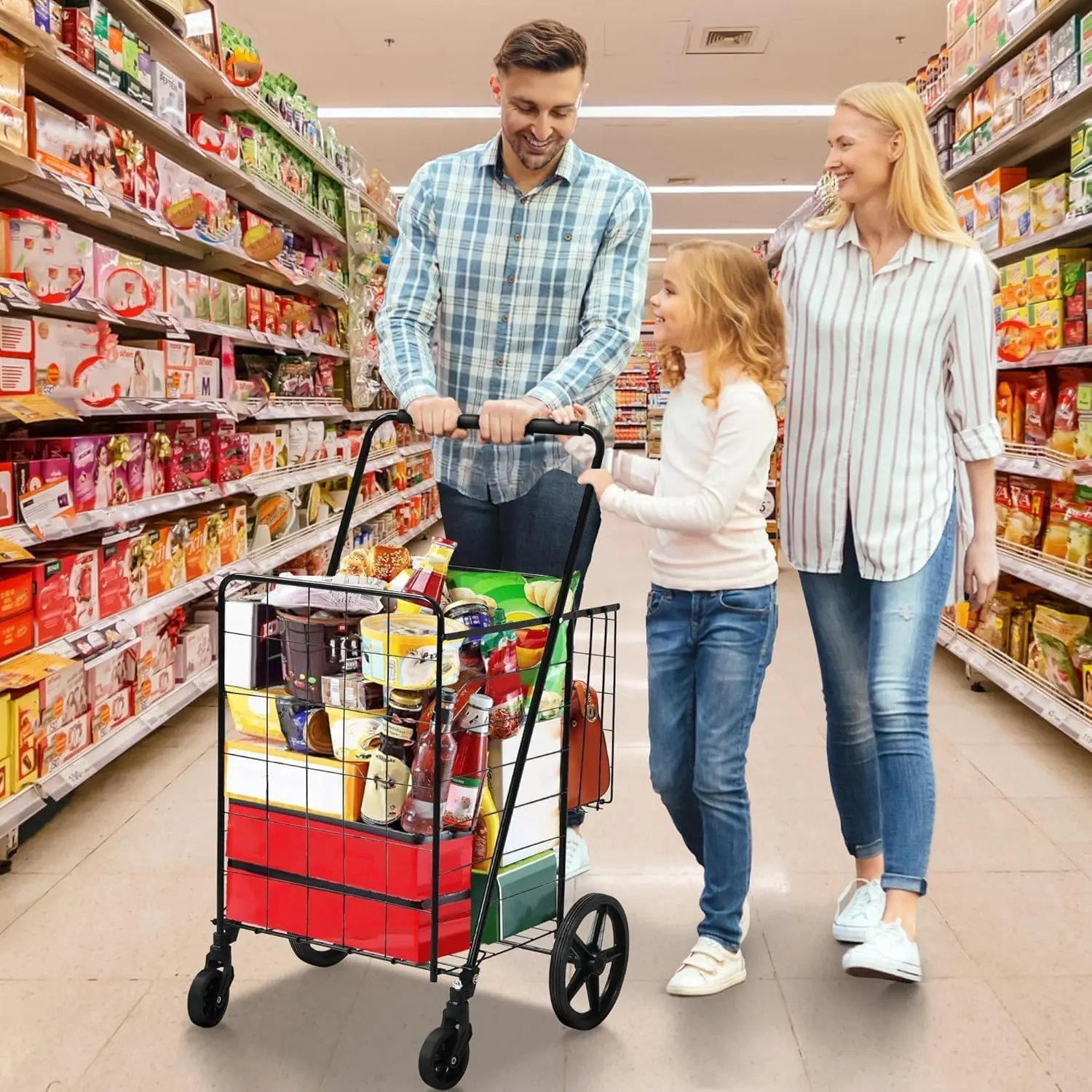 عربة تسوق قابلة للطي بعجلات، عربة بقالة محمولة مع سلة خلفية للتخزين والمنظم #2