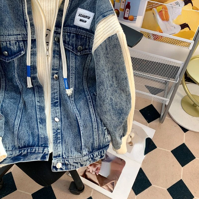 Japanese Vintage Y2k Jackets Hooded Knit Patchwork Fake Two Piece Zipper Oversized Denim Coat Autumn All Match Women's Clothing