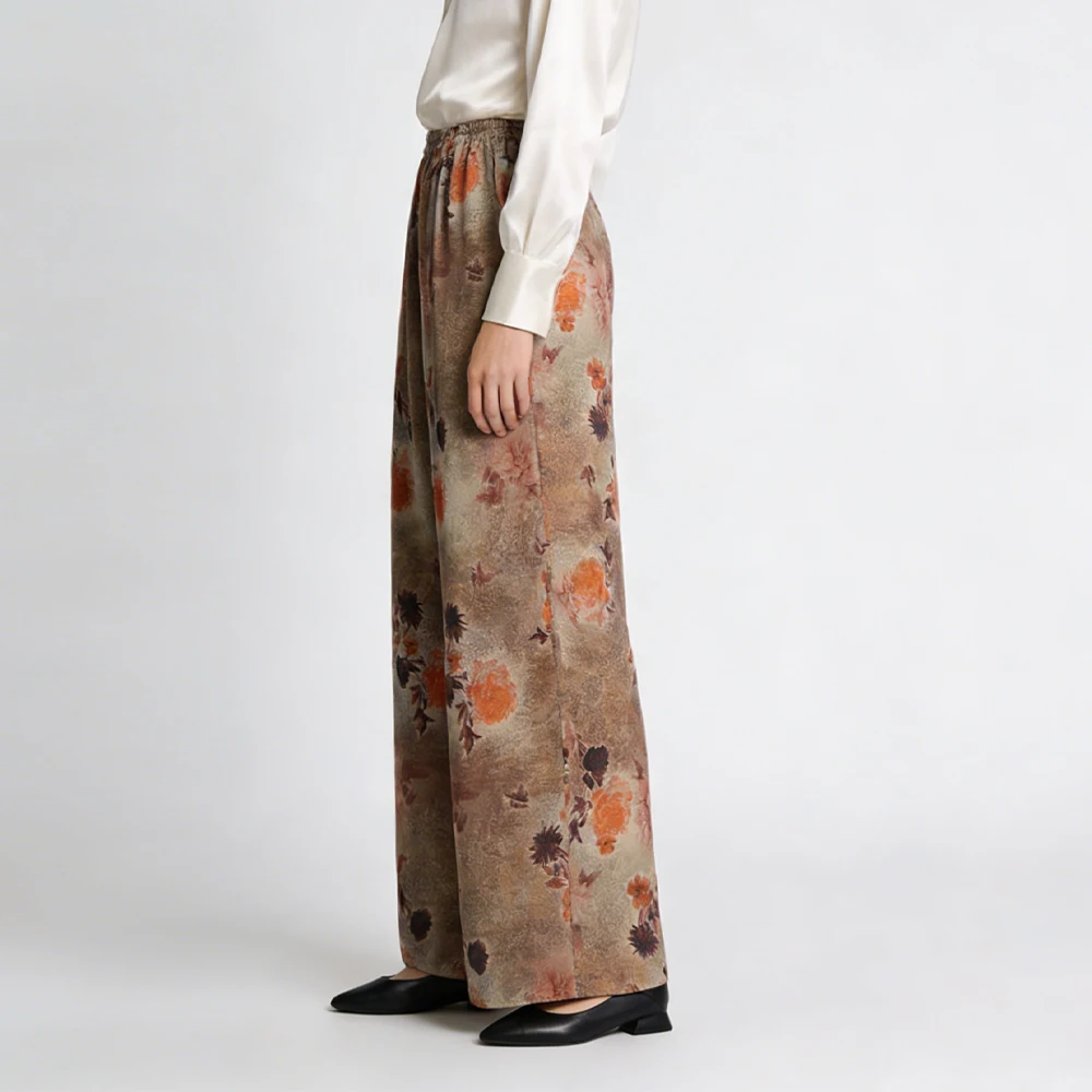 Classical Printed Heavy 100% Natural Mulberry Silk Gambiered Guangdong Gauze Elastic Waist Women's Casual Straight Leg Pants