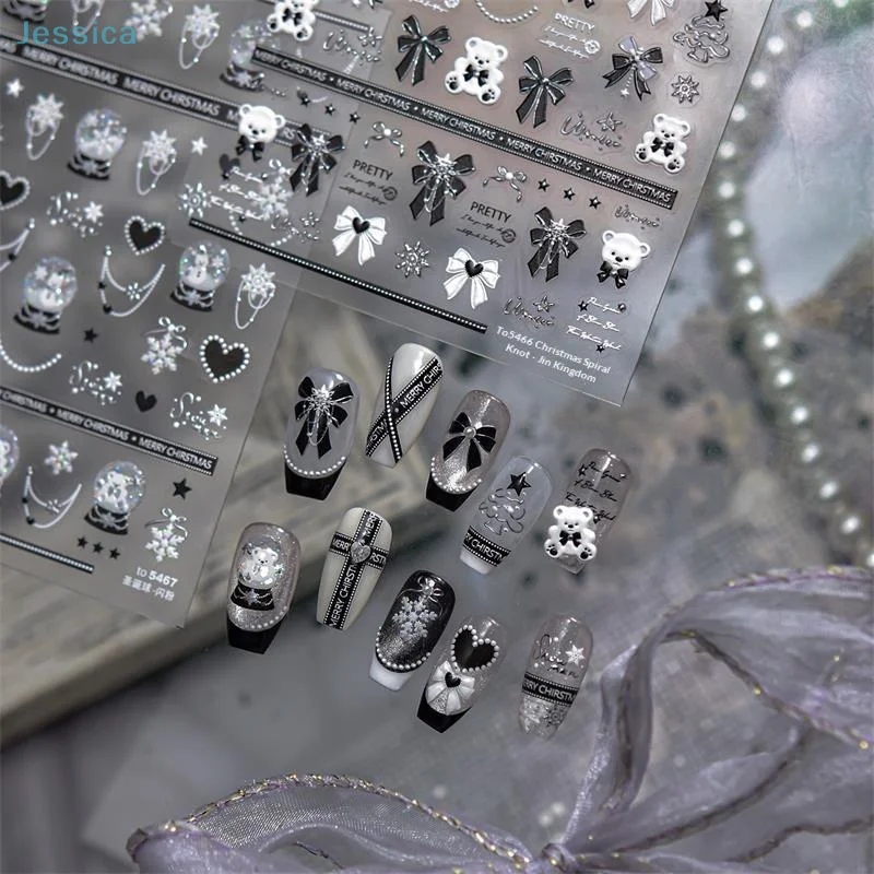 ♥ ملصقات فنية للأظافر باللونين الأسود والفضي لعيد الميلاد - شارات لامعة ثلاثية الأبعاد على شكل فيونكة/دب/ندفة الثلج لتقليم العطلات #1