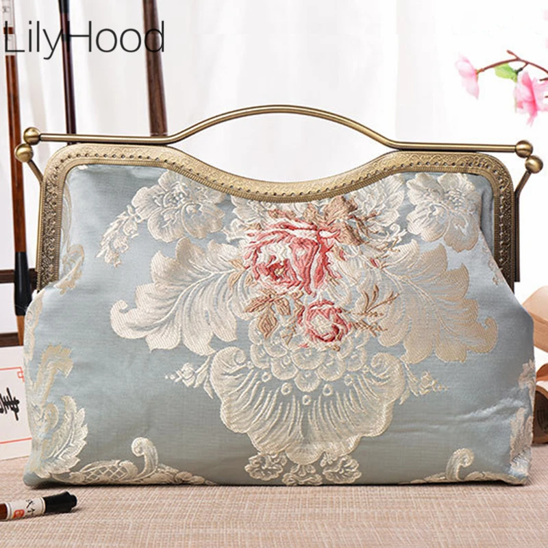 Female Vintage Retro Chic Floral Embroidery Victorian Medium Size Handbag Phone Kisslock Daily Side Sling Shoulder Bag for Hanfu