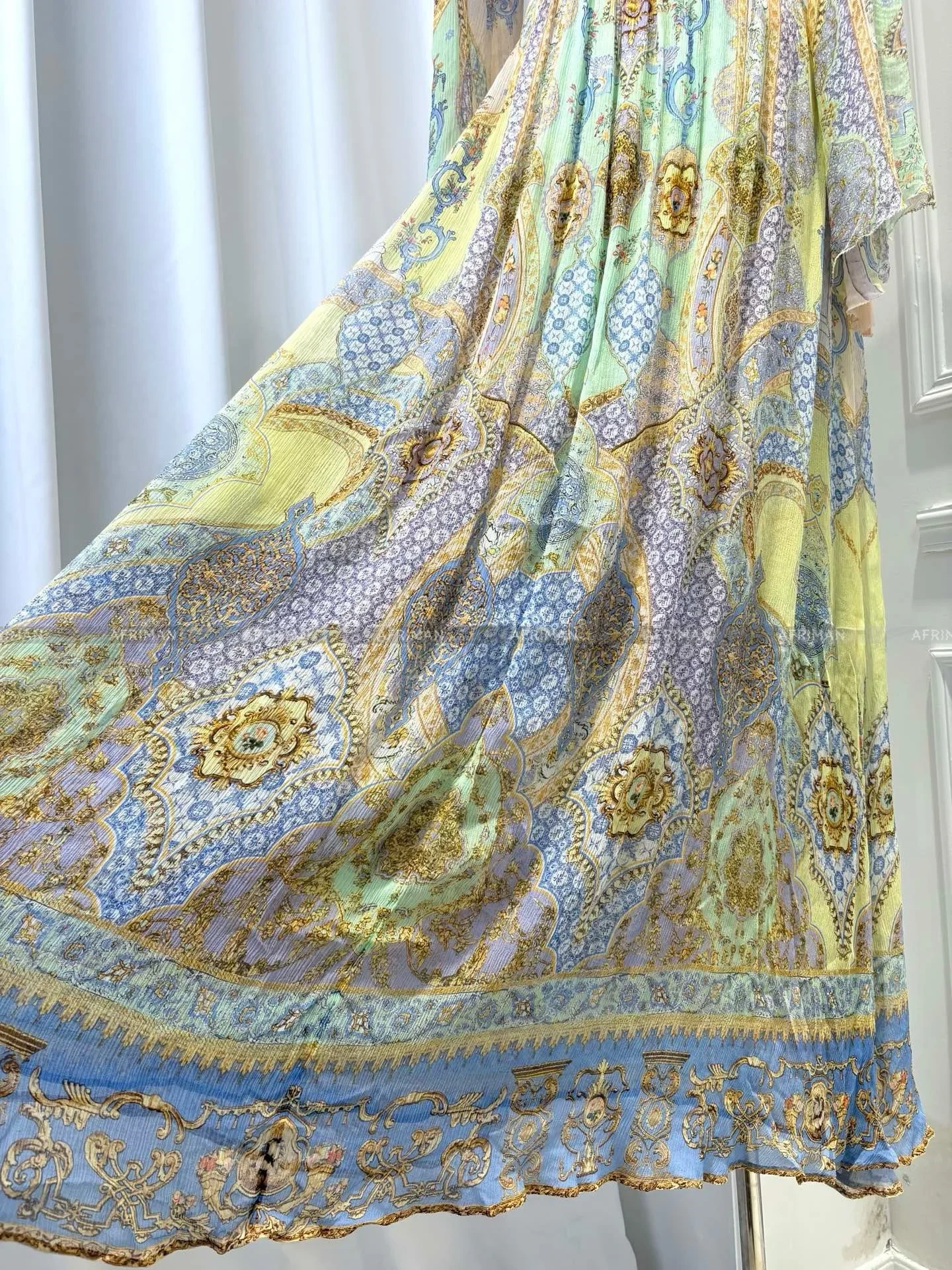 المرأة الخامس الرقبة كريستال مطرز مضيئة كم طويل زهرة طباعة عطلة ارتداء فستان ماكسي طويل الحرير #5