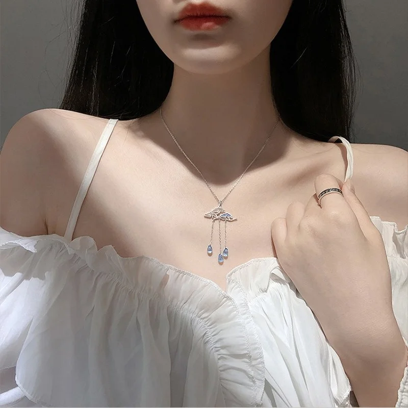 VOQ Silver Color Epoxy Clouds Raindrops Tassels Necklace for Women Elegant Charm Jewelry Adjustable Anniversary Gift