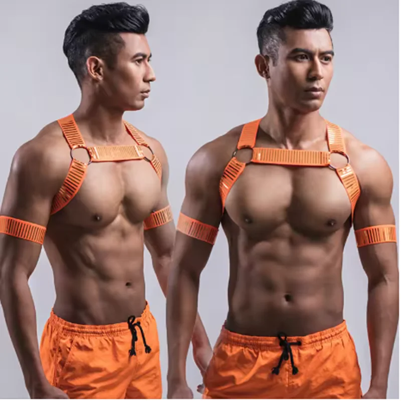 2025 Pomarańczowy Elastyczny Pas na Klatkę Piersiową Męski Strój do Tańca na Rurze Klub Nocny Akcesoria dla Tancerzy Gogo Męska Odzież na Imprezy Rave yj804