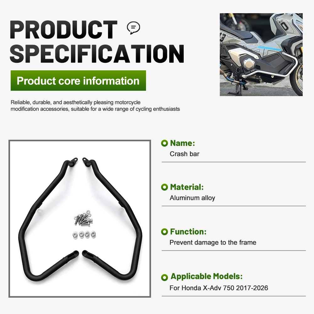 Motorcycle frame protection bumper for Honda X-ADV 750 2017-2026, sturdy and durable, engine guard and crash bar, black.