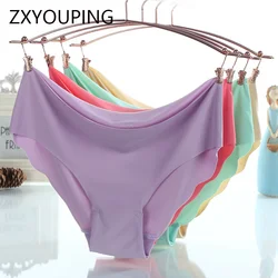 4PCS Ice Silk Seamless Panties for women Sexy Wave Edge Soft Underwear Low-waist Plus Size Briefs Female Lingerie