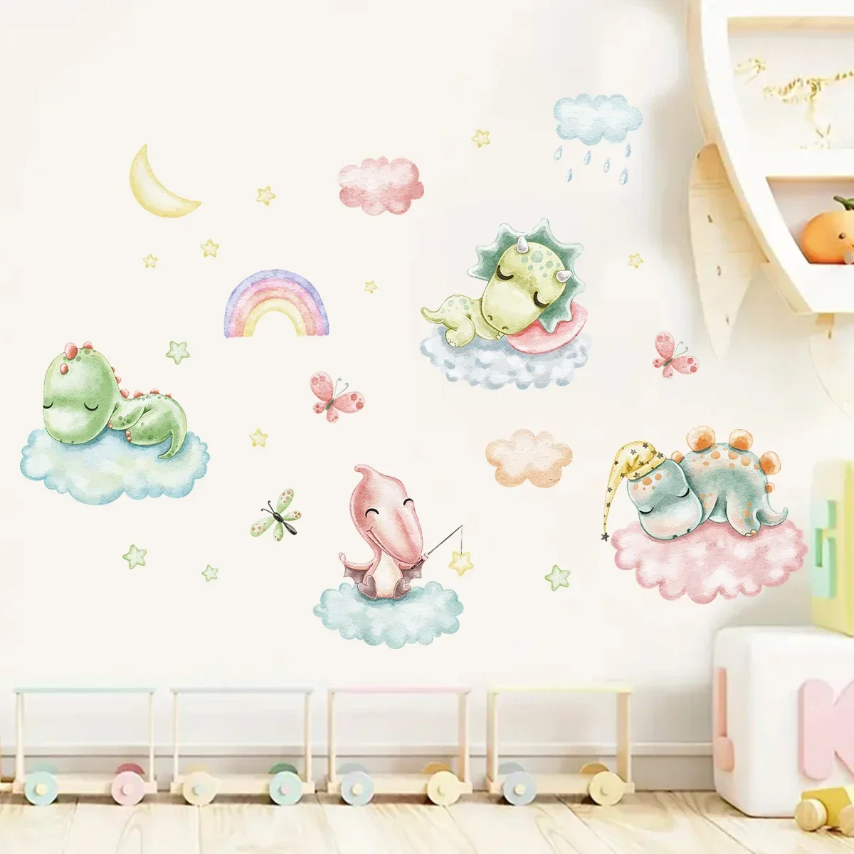 1Pc Cartoon Cute Cloud Sleep Dinosaur Wall Stickers Bedroom Decoration Kids Room Decor for Home Essentials Baby Room Wall Decals