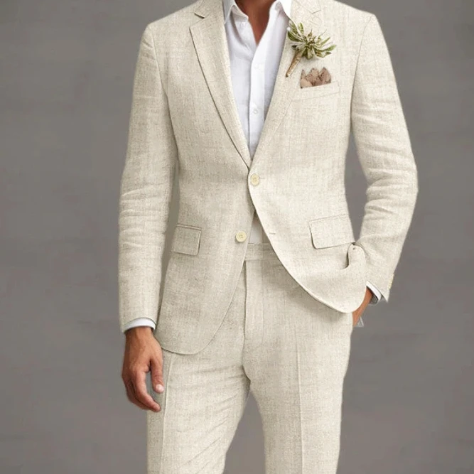 Beige Summer Linen Formal Wedding Elegant Men Suit Groom Tuxedo Slim Fit Blazer Hombre High Quality Custom 2 Piece Costume Homme