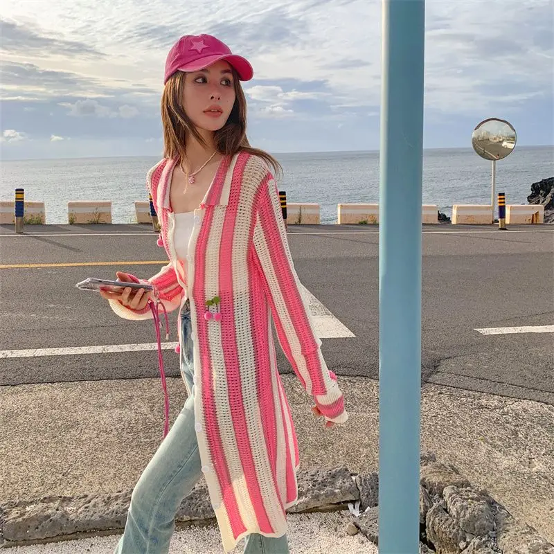 

New Pink Striped Long Exterior Cardigan Thin Women's Hollow Top Blouse Summer and Autumn Knitted Sweater