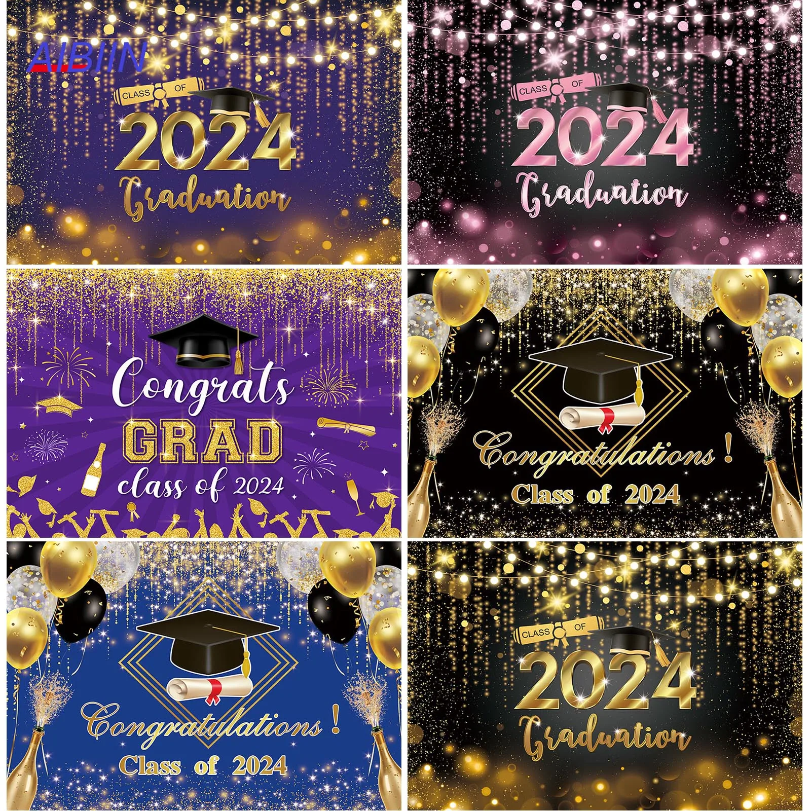 

AIBIIN Class of 2024 Congratulations Photography Backdrops Congrats Graduate Prom Balloons Gold Dots Party Decor Background