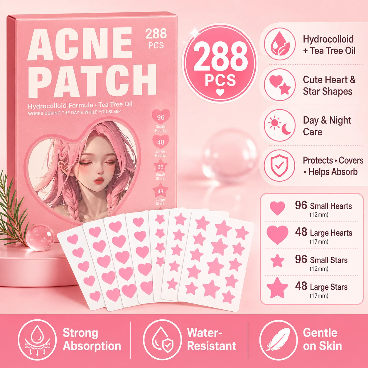 288PCS Cute Pink Pimple Patches Heart Star Shape Salicylic Acid Hydrocolloid Spot Cover Stickers for Daily Care