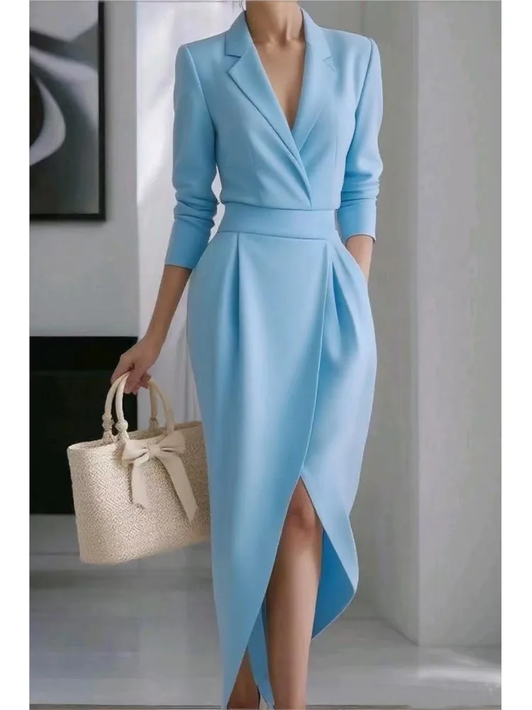 

Elegant White Dresses Autumn And Winter New Fashion Suit Collar Long-sleeved Solid Color Waisted Irregular Dress For Women Robe