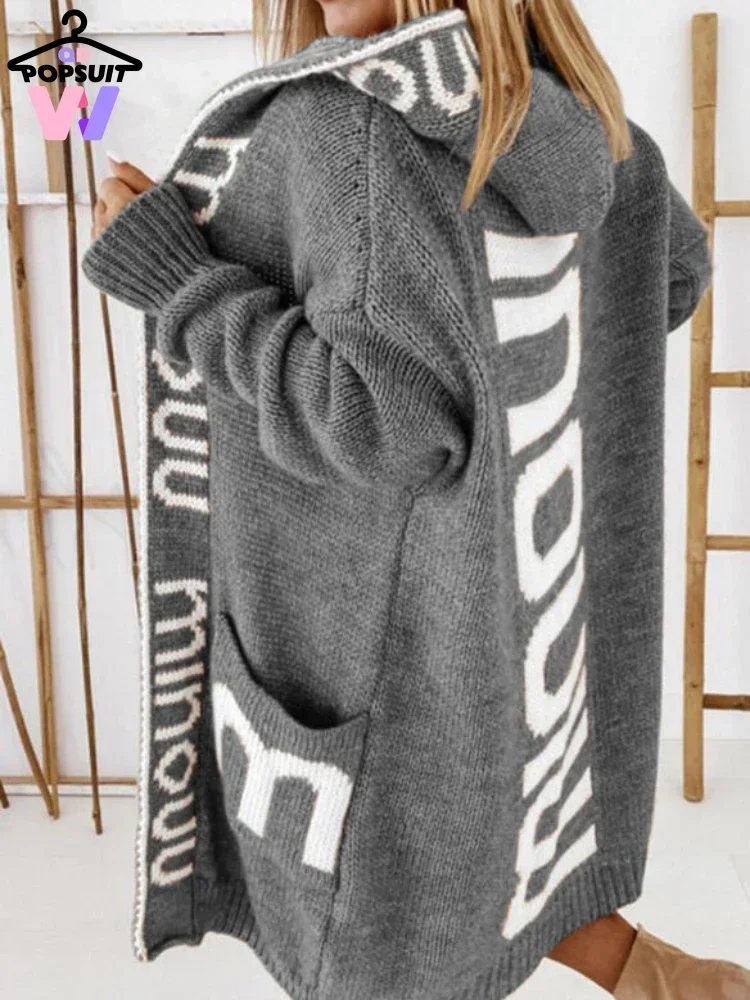 New in Spring Autumn Women Coat Fashion Pocket Lovely Letters Chic Cold Resistant Long Loose Street-wear Cardigans Sweaters Coat