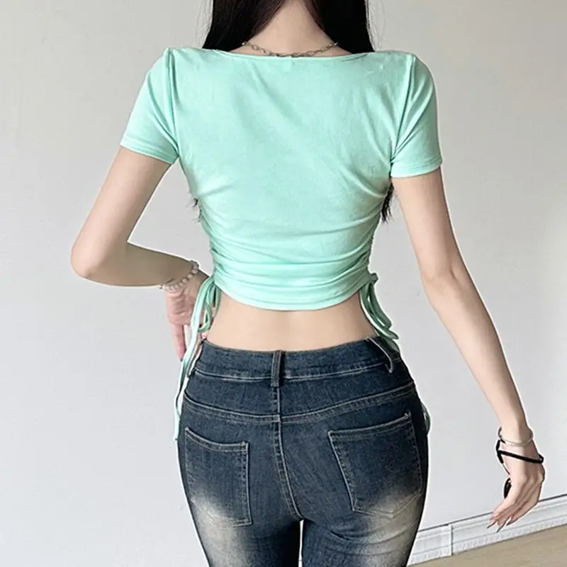 T Shirt Lace Stitching Mint Green Square Collar Lace Up Slim Casual Women 2024 Summer New Y2K High Street Short Sleeves