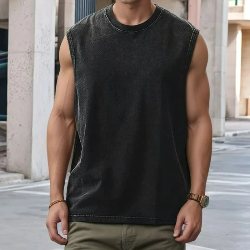 

Men's Washed Cotton Tank Tops Muscle Gym Sleeveless Workout T Shirts Running Beach Loose Cutoff Tees