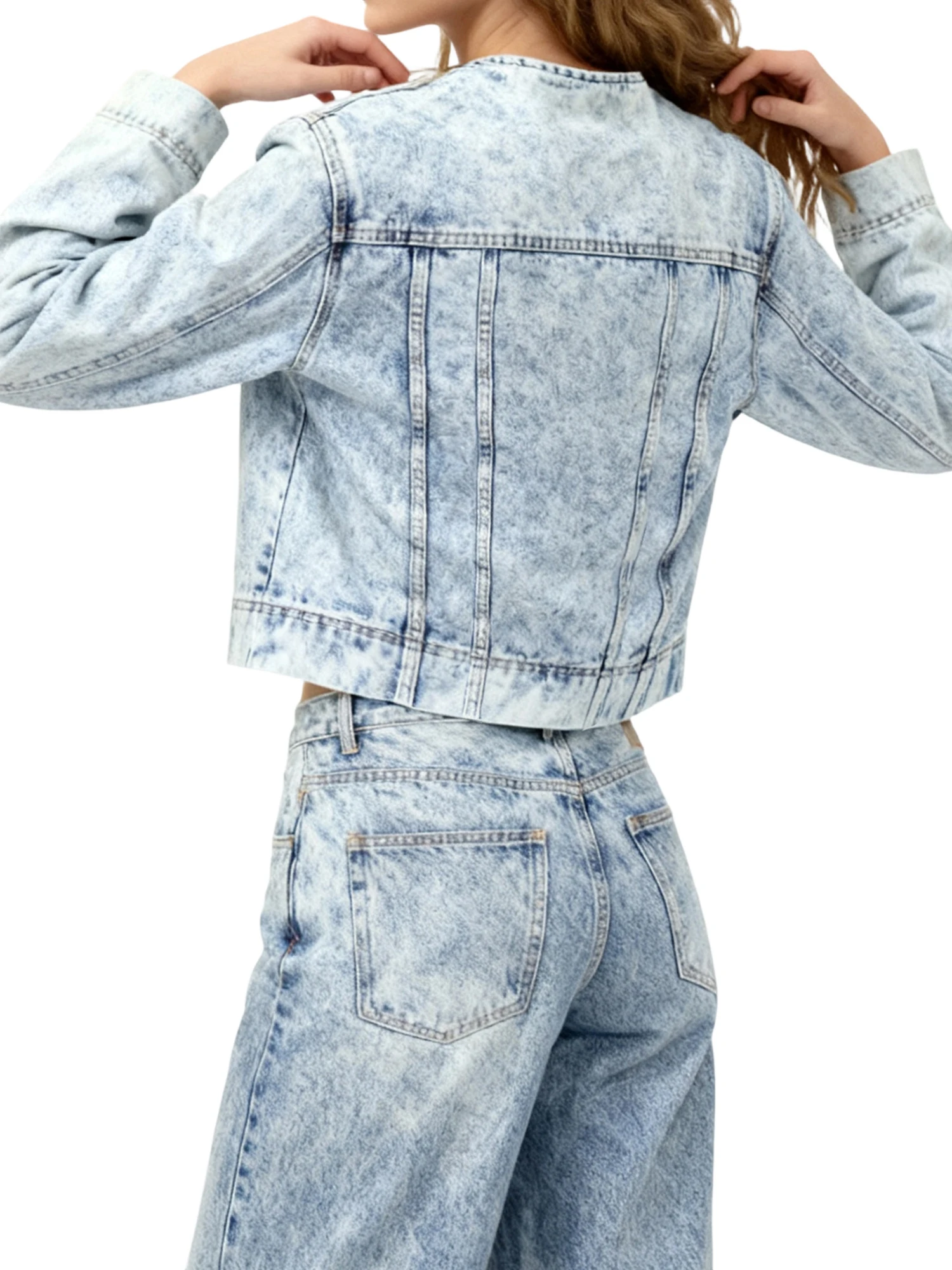 

Women s Denim Jacket with Long Sleeves and Round Neckline in Solid Color Featuring Button Down Closure and Fit Design for