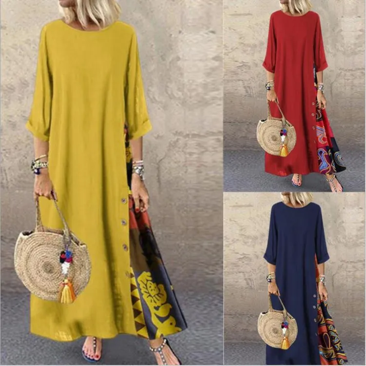 Cotton Linen Vintage Long Dresses Women Three Quarter Sleeves Splicing Print Loose A-line Dress Fashion Casual Lady Maxi Vestido