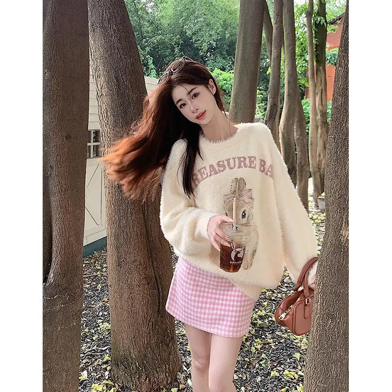 Kawaii Japanese 2 Piece Skirt Sets Women Casual Y2k Knitted Sweater Pullover + Plaid Skirts Korean Fashion Suits Chic 2023 Autmn