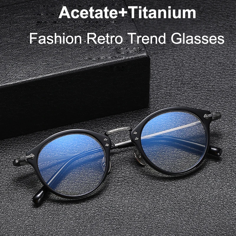 

Japanese Brand Same Design Acetate Titanium Luxury Retro Eyeglasses Engraved Temples Business Men Round Glasses Frame