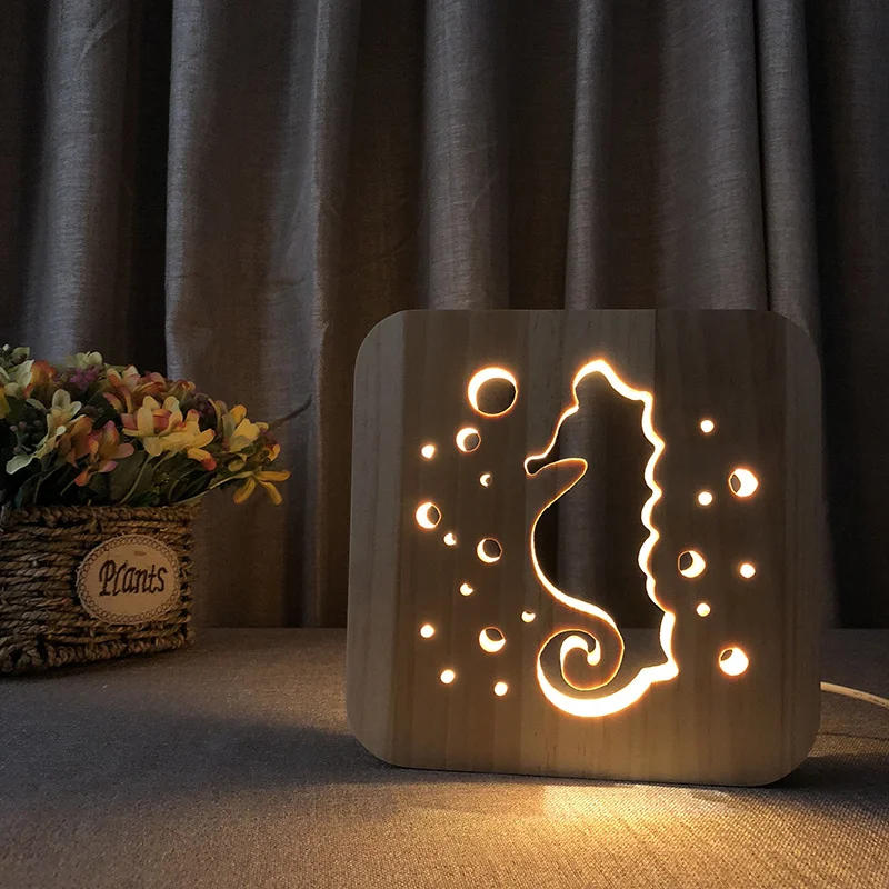 Wood Nightlight Cute Animal Dog Cat Lion Dolphin Seahorse Led Desk Lamp Gift Adult Children Bedside Lamp Decoration