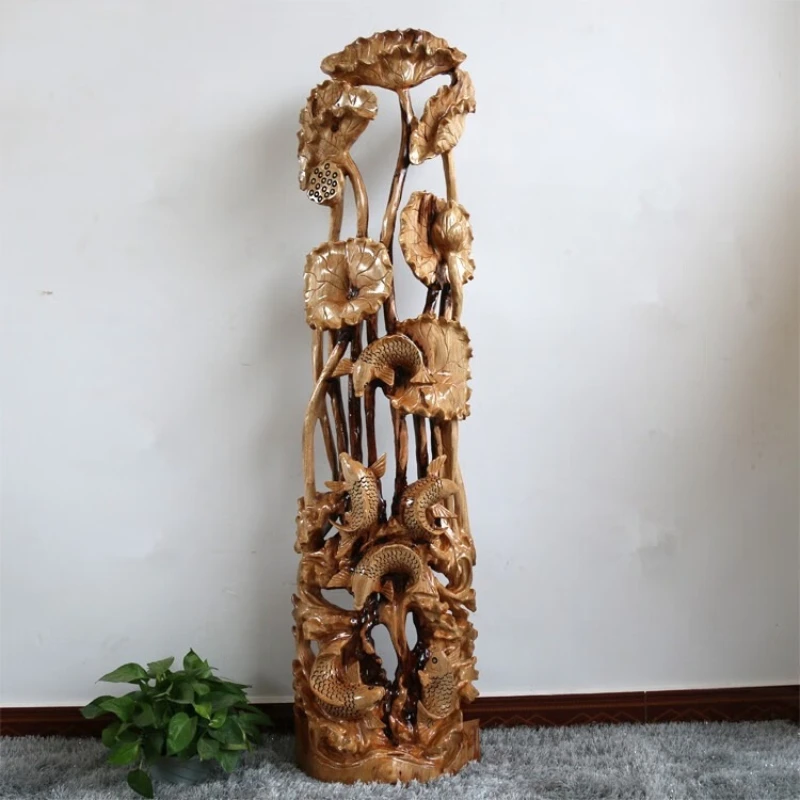 

Root carving camphor wood solid wood year after year fish ornaments lotus fish wood carving home accessories living room
