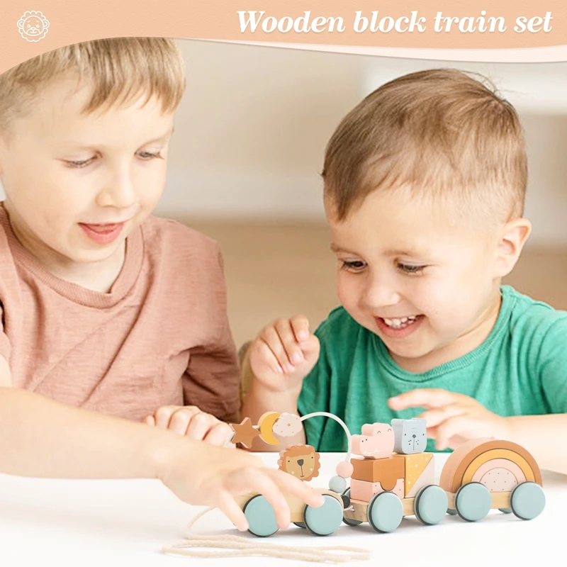 Bloques de madera Montessori para bebé, tren de animales del Zoo, bloques de apilamiento educativos para bebé, juguetes de construcción, juegos Montessori, trenes de juguete