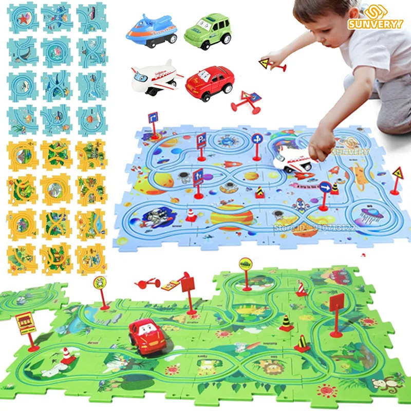 Puzzle Racer Kids Car Track Set Plastic Floor Puzzles for 3 4 5 6 Year Old Boys Montessori Toys Brain Toys 2024 NEW