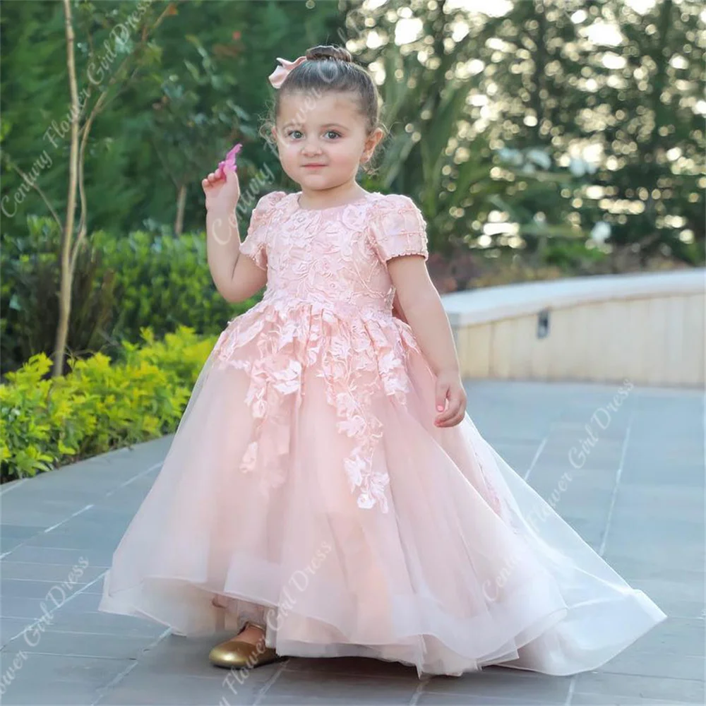 Vestido de niña de flores de tul rosa personalizado, falda esponjosa de encaje, apliques florales, minivestido de princesa para fiesta de boda,