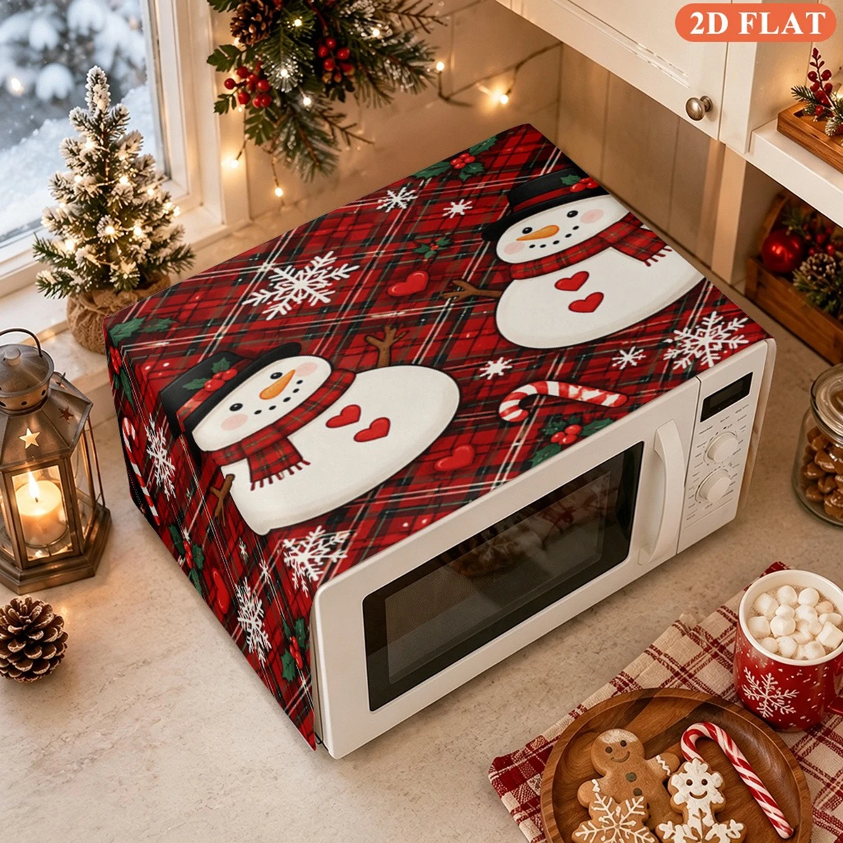 Christmas Snowman Red Plaid Microwave Oven Cover Polyester Dustproof Protector Kitchen Appliance Top Cover Holiday Kitchen Decor