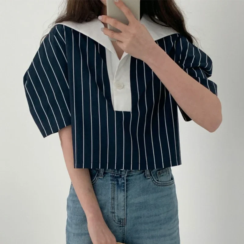 Neploe Korean Chic Vintage Reduced Age Contrast Navy Collar Blouses 2024 Summer Femme Loose Versatile Puff Sleeve Stripe Shirt