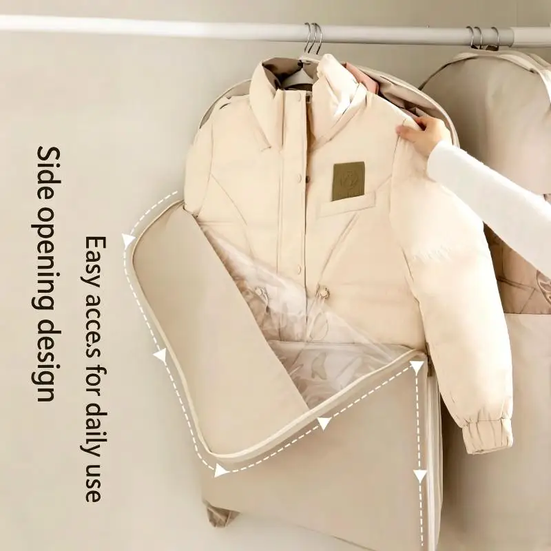 Beige Compression Hanging Bag, 40% Space-Saving Vacuum Seal, See-Through Storage With Durable Zipper For Winter Clothes▪
