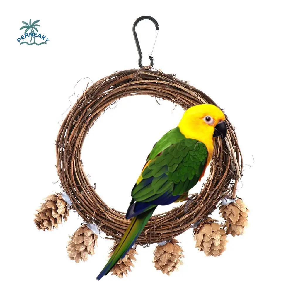 Conures Parakeet Rattan Grinding Handmade Natural Parrot Swing Perch Bird Toys Pine Cones Decor