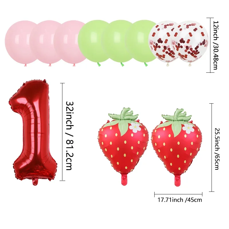 1set 32inch 1-9 Years Old Digital Aluminum Film Strawberry and Red Polka Dot Balloon Set Suitable for Birthday Party Baby Showe