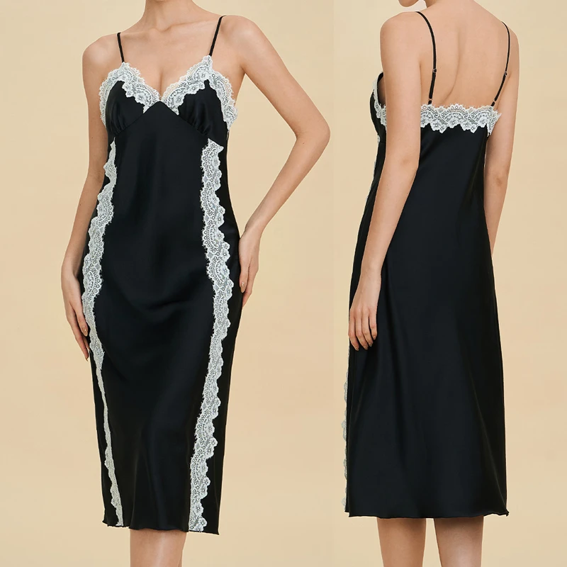 

Сексуальная ночная сорочка с кружевными вставками и бретелями, женская шелковая атласная длинная ночнушка, роскошное летнее домашнее белье, новинка