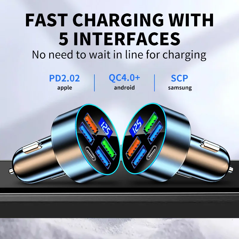 빠른 충전 차량용 충전기 전압 보호 iPhone 용 USB Type-c 5 인터페이스가있는 휴대 전화 어댑터 Samsung Xiaomi Huawei