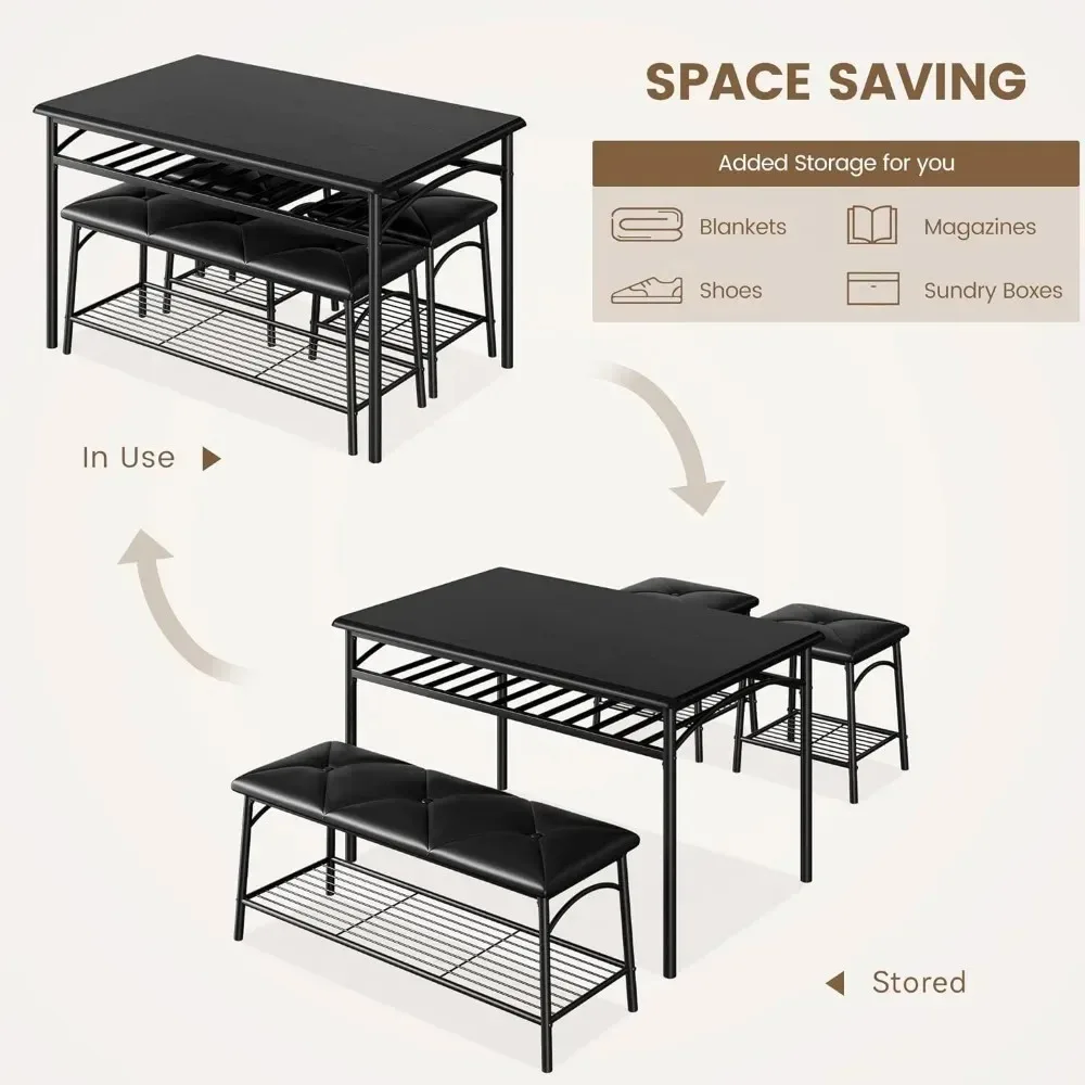 Dining Table Set for 4, Kitchen Table Set with Upholstered Bench and Square Stools, Metal and Wood Dining Room Table Sets