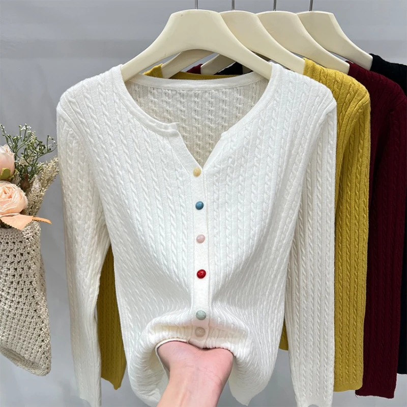 2025 Solid Long Sleeve Single Breasted Knitted Sweater Autumn Winter Women's O-neck Cardigan Colorful Buttons Versatile Tops