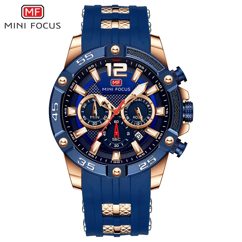MINIFOCUS 0349 Chronograph Watch Brand Luxury Analog Quartz Sport Men Watches Mens Silicone Waterproof Date Fashion WristWatch