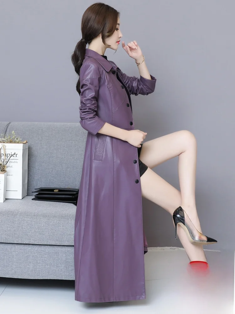 Cappotto in pelle da donna taglie forti, lunghezza media, sopra il ginocchio, in pelle di pecora, stile coreano alla moda, slim fit, a maniche lunghe, per il commuting