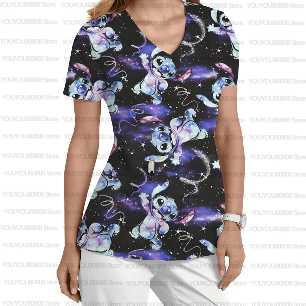 새로운 애완 동물 가게 간호사 작업복 캐주얼 여름 디즈니 스티치 만화 프린트 풀오버 v 넥 간호사 유니폼 티셔츠 스크럽 여성용