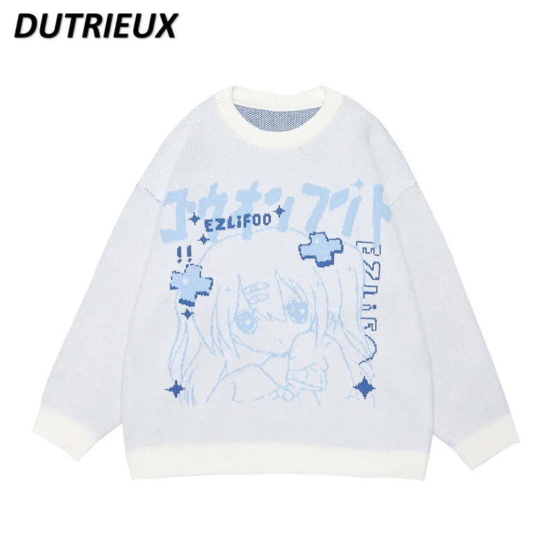 

Japanese Animation Girl Print Round Neck Long Sleeve Sweater Men and Women Autumn Winter Couple Niche Retro Knitted Pullovers