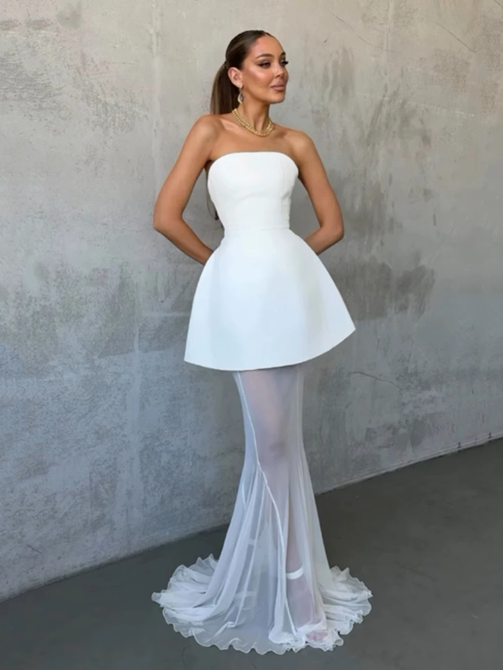 Modphy elegante boda Top de encaje blanco + falda de sirena de malla conjunto de vestidos largos adelgazantes de Color sólido sin tirantes para mujer