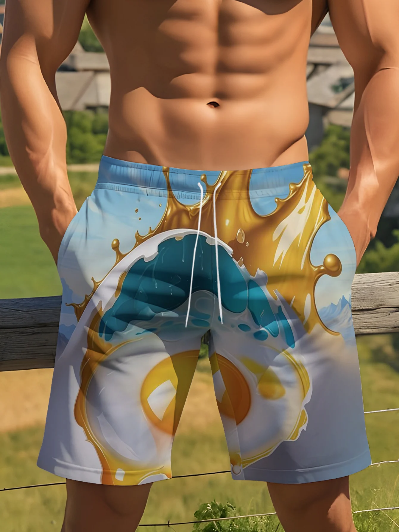 2026 Mens Fried Egg Beer Splash Print Quick Dry Drawstring Waist Beach Shorts Swim Trunks