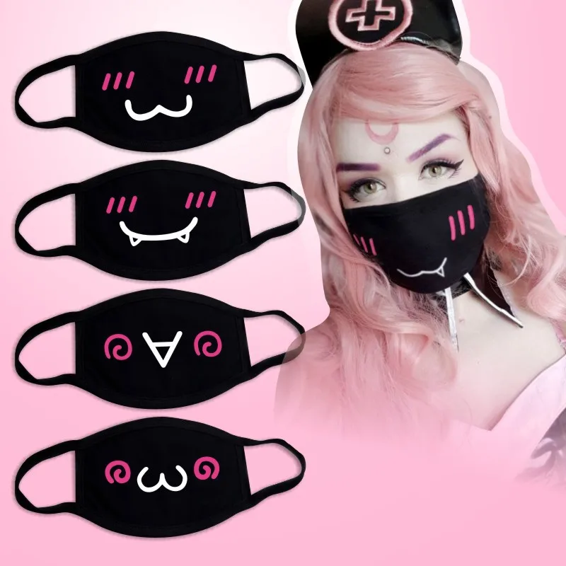 Masque noir unisexe pour l'hiver, demi-masque facial épais, en coton, motif de dessin animé, Anti-poussière, Anti-respirateur, Kpop noir