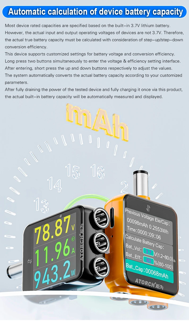 ATORCH D5P Touchscreen DC5.5 Tester DC 4.5-80V 12A Digital Voltmeter Amperemeter Wattmeter Batteriekapazität Leistungsanalysator Monitor – Detail 20