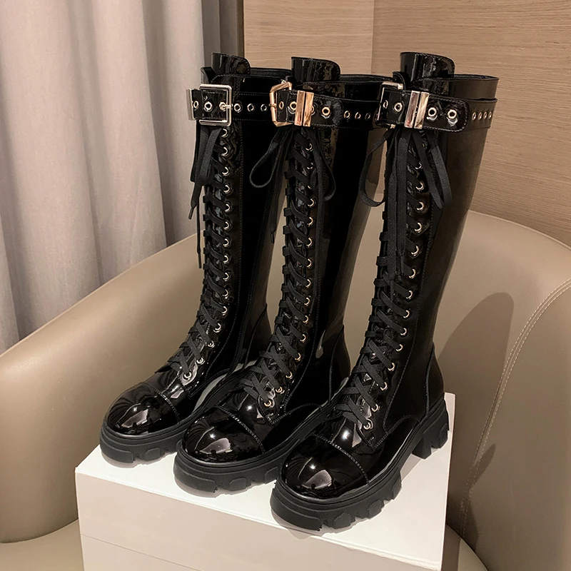 2022 Autumn and winter Women knee-high boots natural leather 22-25cm cowhide side zipper Knight boots belt buckle modern boots