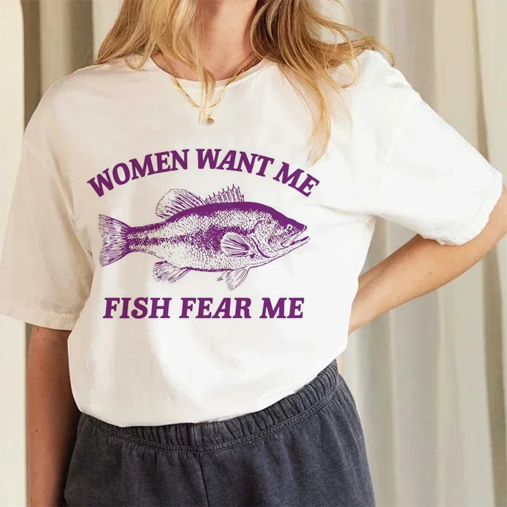 Summer New T-Shirt O-Neck Fun Printed Women Want Me Fish Fear Me Cartoon Pattern T-Shirt Top Casual Basic Versatile T-Shirt