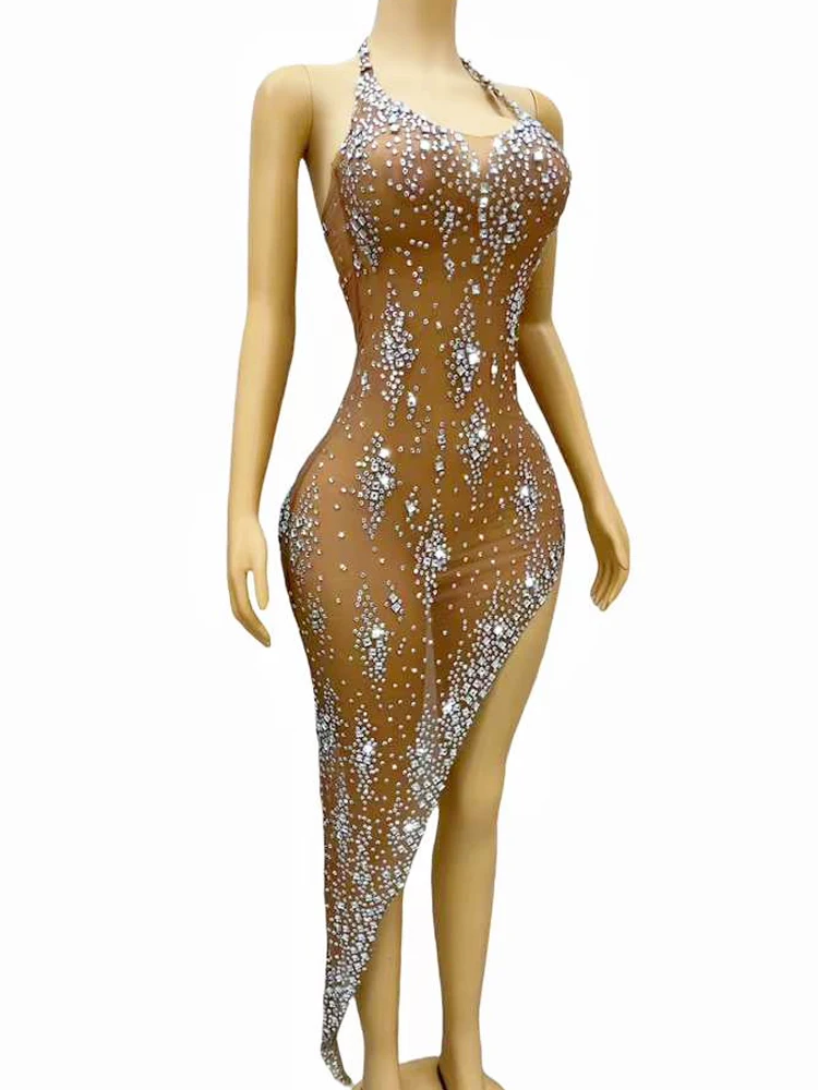 Sexy See Trough Mesh Dress For Women Shining Rhinestone Sleeveless Evening Prom Party Photo Shoot Wear Stage Performance Costume