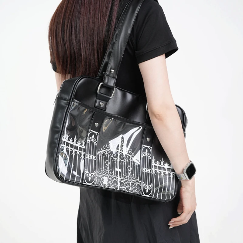 Gothic Ita Bag mit transparentem PVC-Fenster, Damen-Umhängetasche mit Eisentor-Design-Print, Vintage-Handtasche, schwarze Tragetasche – Detail 4